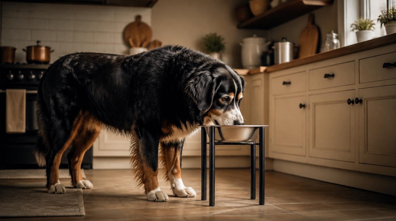 Senior Berner Sennenhond eet rustig uit een verhoogde voerbak in warme keuken – symbool voor comfort en gewrichtszorg
