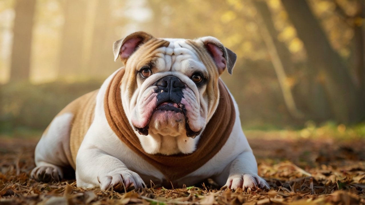 Senior Engelse bulldog ligt ontspannen op herfstbladeren in warm zonlicht – symbool voor rust en herstel