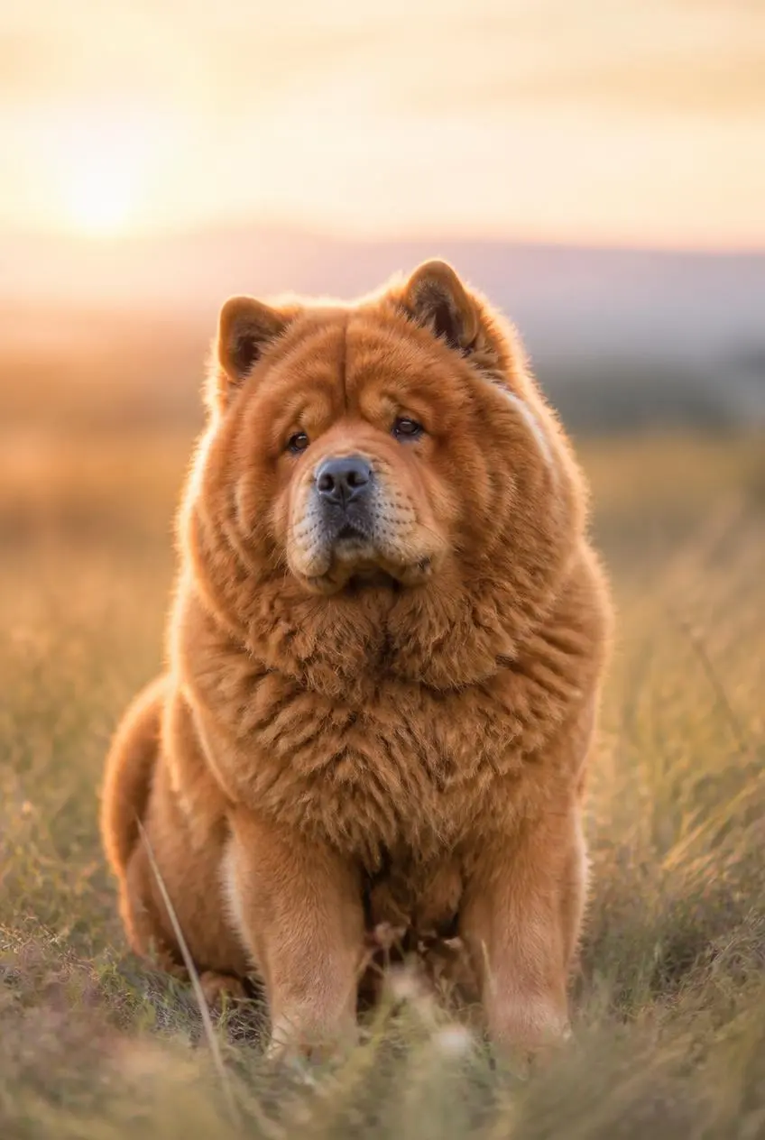 Senior Chow Chow met dikke bruine vacht zit in een veld bij zonsondergang, omringd door warm licht.
