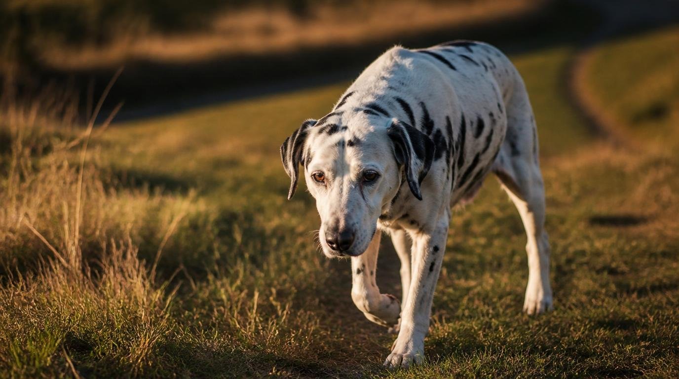 Senior dalmatiër loopt langzaam over een pad in het gouden uur, symbool voor rust en verandering