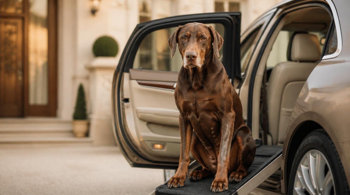 Senior Dobermann zit rustig op een loopplank bij een auto – symbool voor mobiliteit en gewrichtszorg