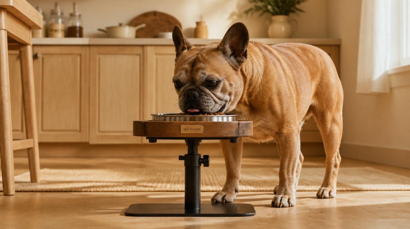 Oudere Franse bulldog eet uit een verhoogde voerbak in een warme beige keuken