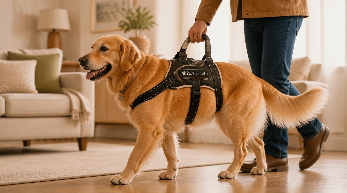 Senior golden retriever loopt rustig met ondersteunend tuig en handgreep binnenshuis – symbool voor mobiliteit en gewrichtszorg