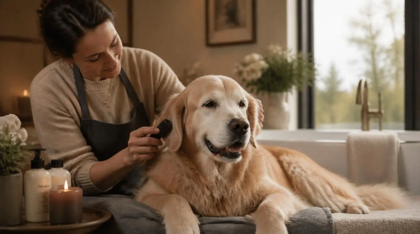 Senior Golden Retriever ligt ontspannen terwijl hij zacht wordt geborsteld, verzorgingsmoment in warm beige interieur.