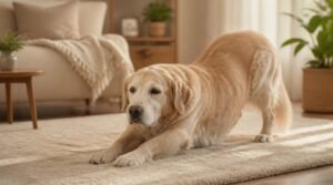Senior Golden Retriever met lichte vacht strekt zich rustig uit op een zacht beige tapijt in een warme woonkamer, symbool voor comfort en beweging bij artrose