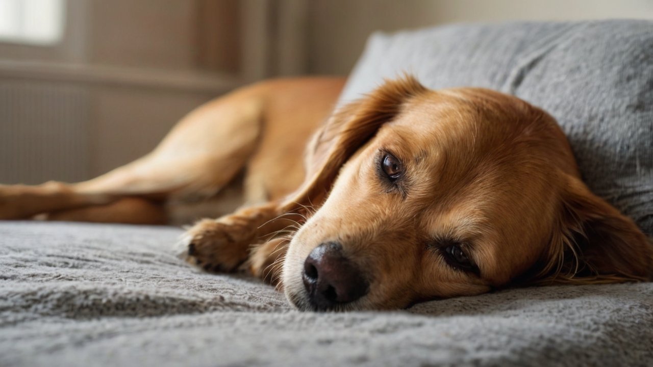 Senior hond ligt ontspannen op grijze deken – rust en comfort bij artrose