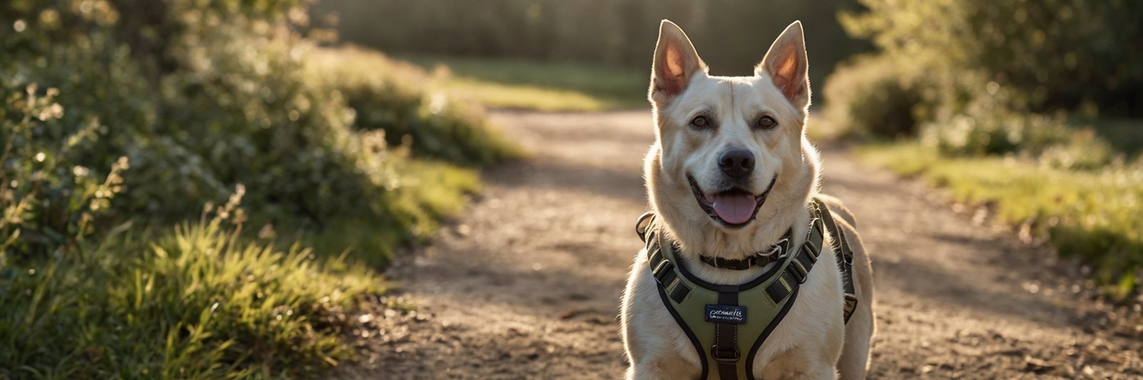 Senior hond met lichtbruine vacht draagt een Curli‑harnas tijdens een wandeling over een zonovergoten bospad.