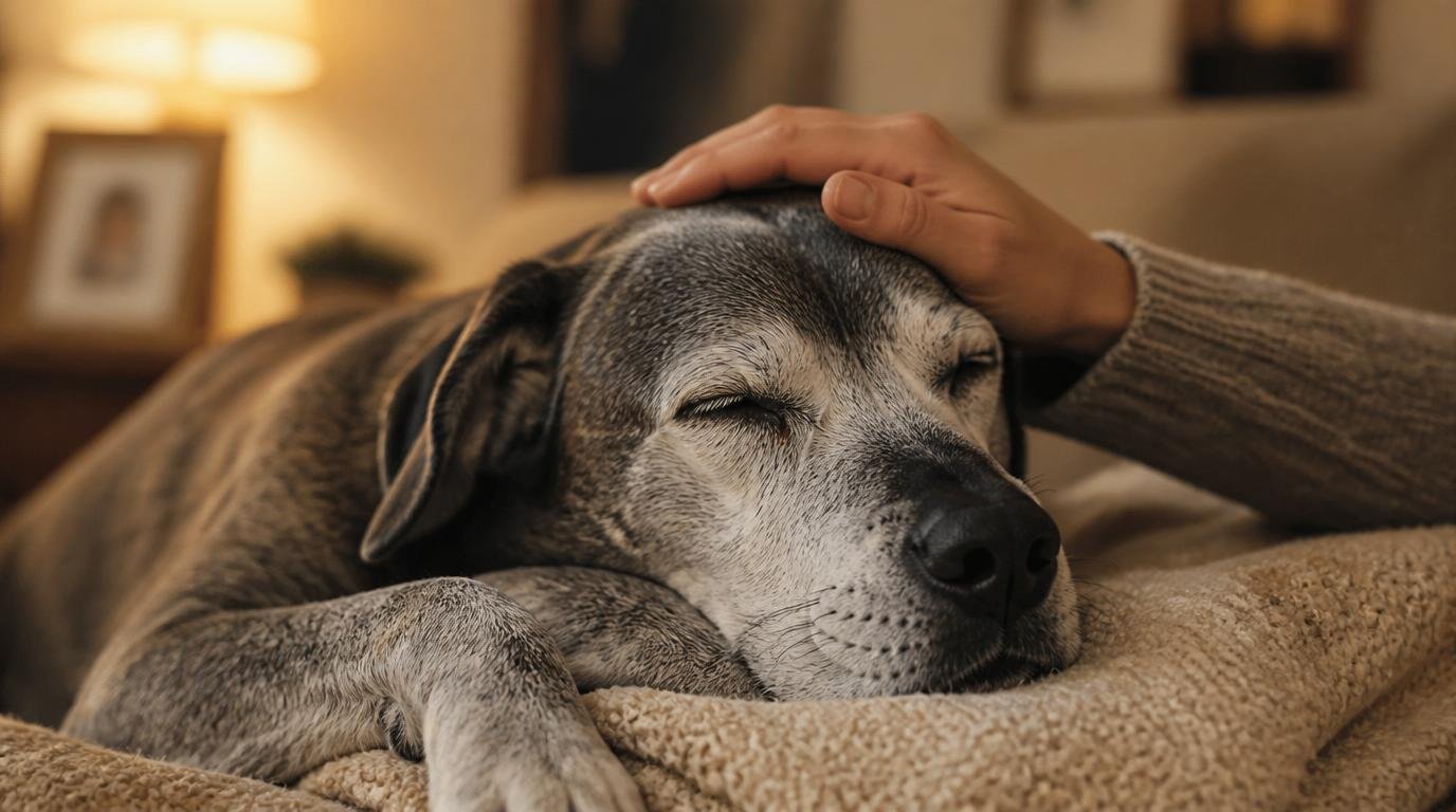 Grijze senior hond ligt ontspannen op zachte deken terwijl eigenaar liefdevol hand op hoofd legt