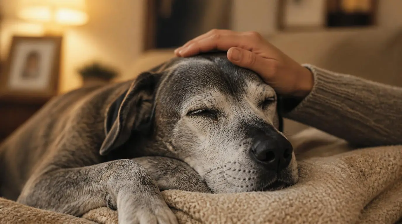 Grijze senior hond ligt ontspannen op zachte deken terwijl eigenaar liefdevol hand op hoofd legt