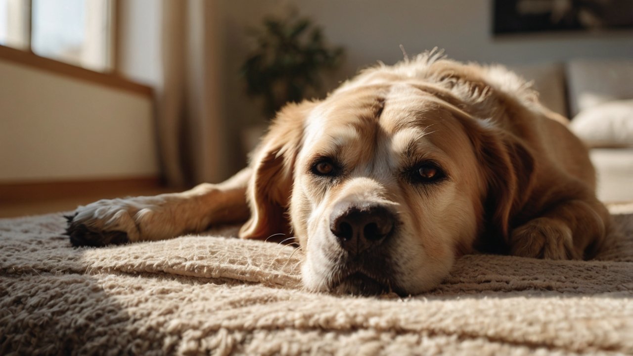 Grote beige senior hond ligt ontspannen op warm tapijt in zonlicht – rust en geborgenheid