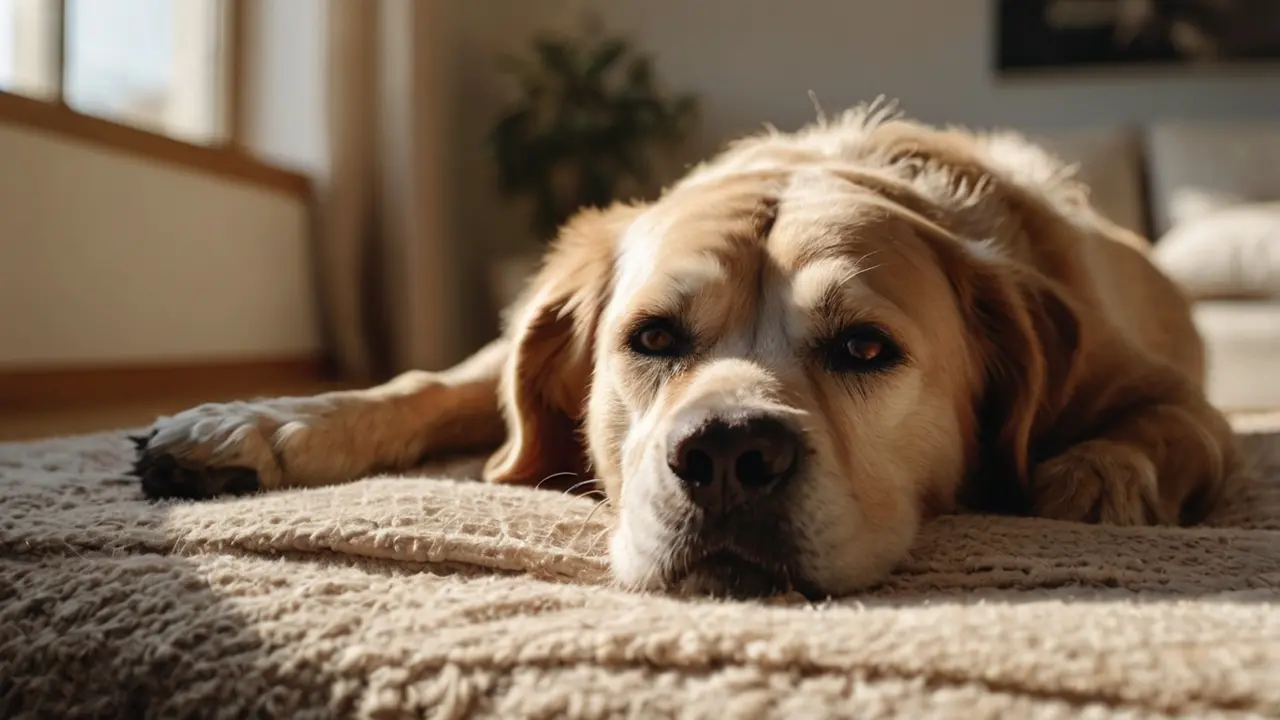 Grote beige senior hond ligt ontspannen op warm tapijt in zonlicht – rust en geborgenheid