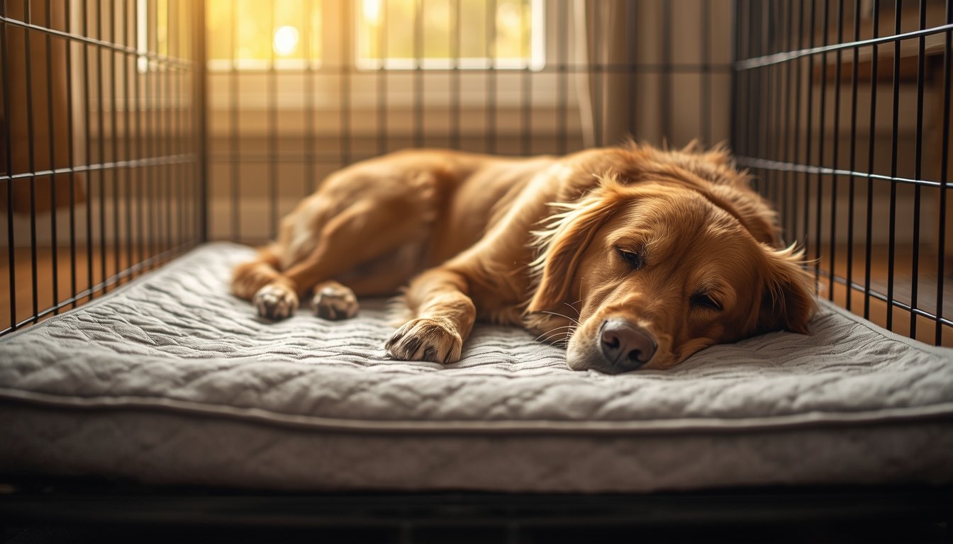 Senior hond ligt ontspannen op zacht grijs kussen in hondenbench met warm zonlicht
