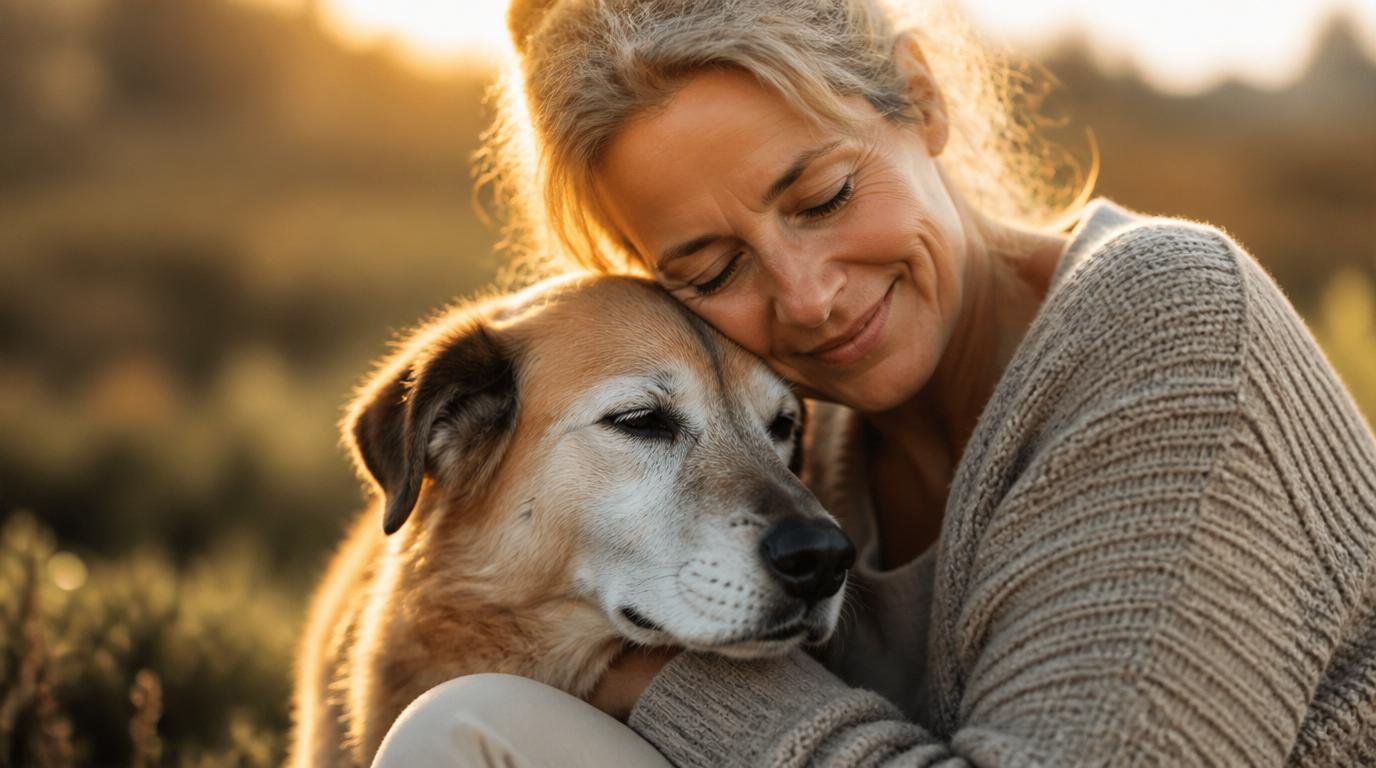 Vrouw omhelst haar senior hond in warm avondlicht – symbool voor liefdevolle zorg en verbondenheid