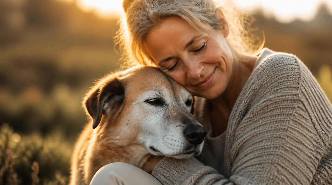 Vrouw omhelst haar senior hond in warm avondlicht – symbool voor liefdevolle zorg en verbondenheid