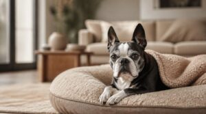 Kleine senior hond ligt ontspannen op groot beige orthopedisch kussen in warme woonkamer