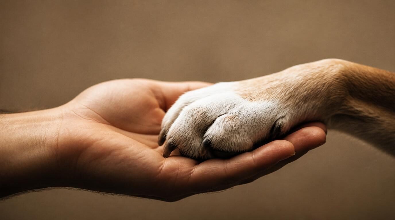 Close‑up van een hondenpoot die rust in een menselijke hand – symbool voor zorg, vertrouwen en gewrichtsondersteuning
