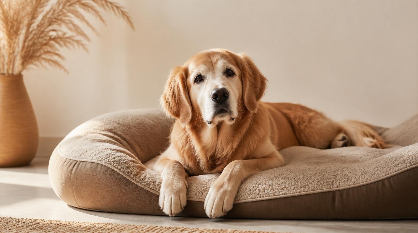 Senior golden retriever ligt ontspannen op warm bruin orthopedisch kussen – rust en nabijheid