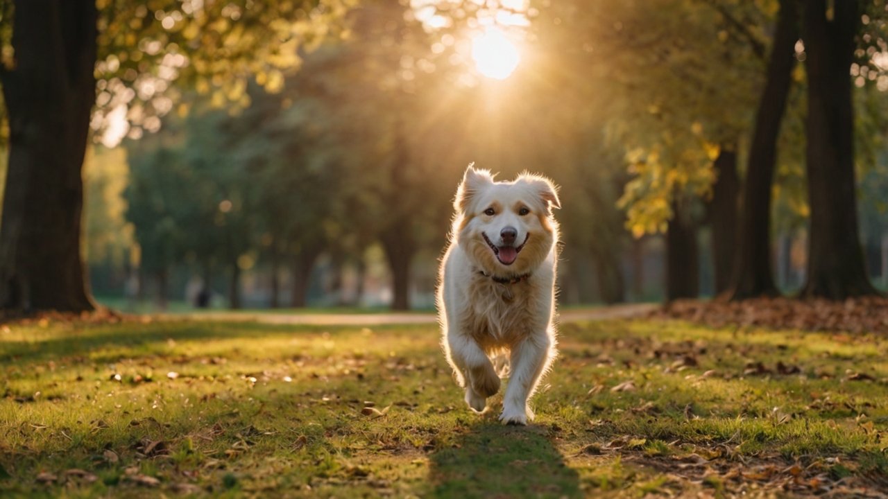 Senior hond met lichte vacht wandelt door een zonovergoten parkpad omringd door bomen en herfstlicht.