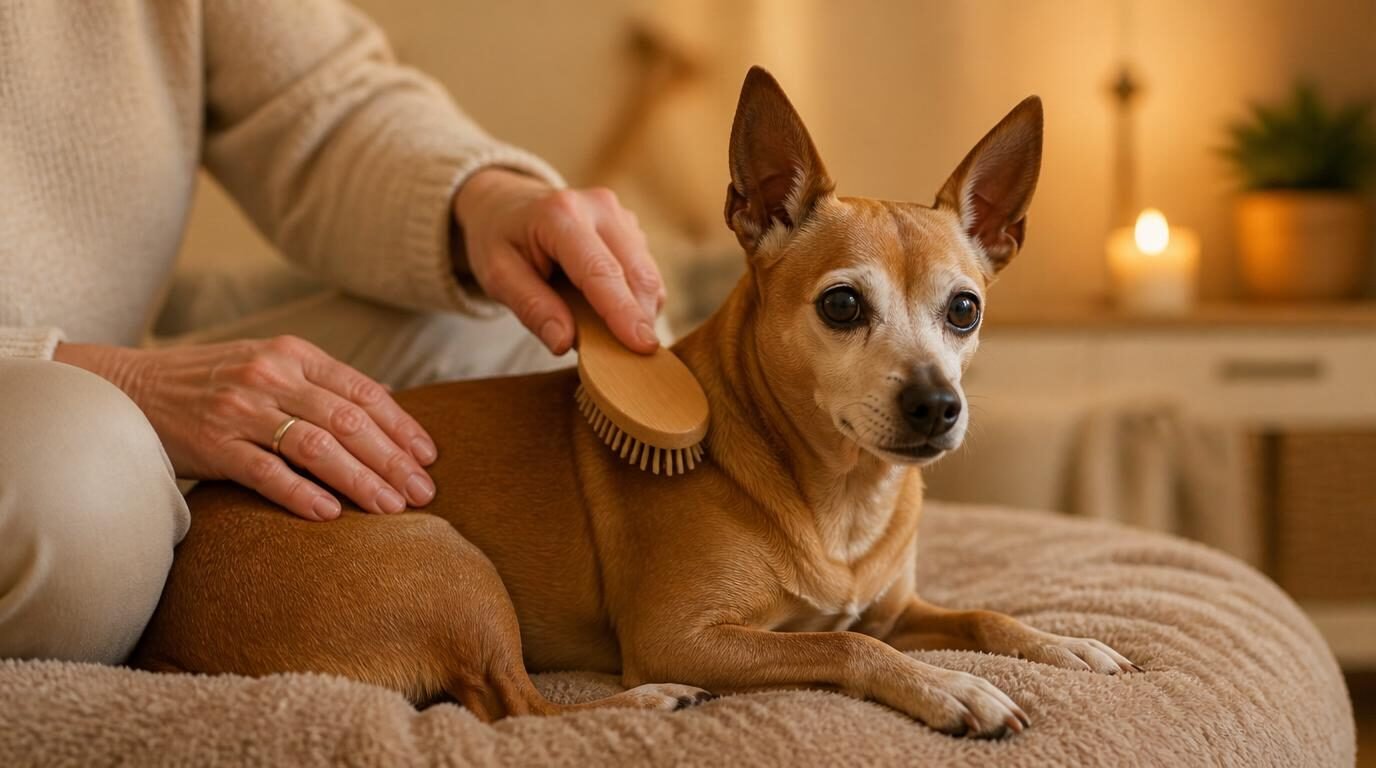 Senior hond die rustig wordt geborsteld met een zachte borstel op een beige plaid, verzorgingsmoment in warme premium stijl.