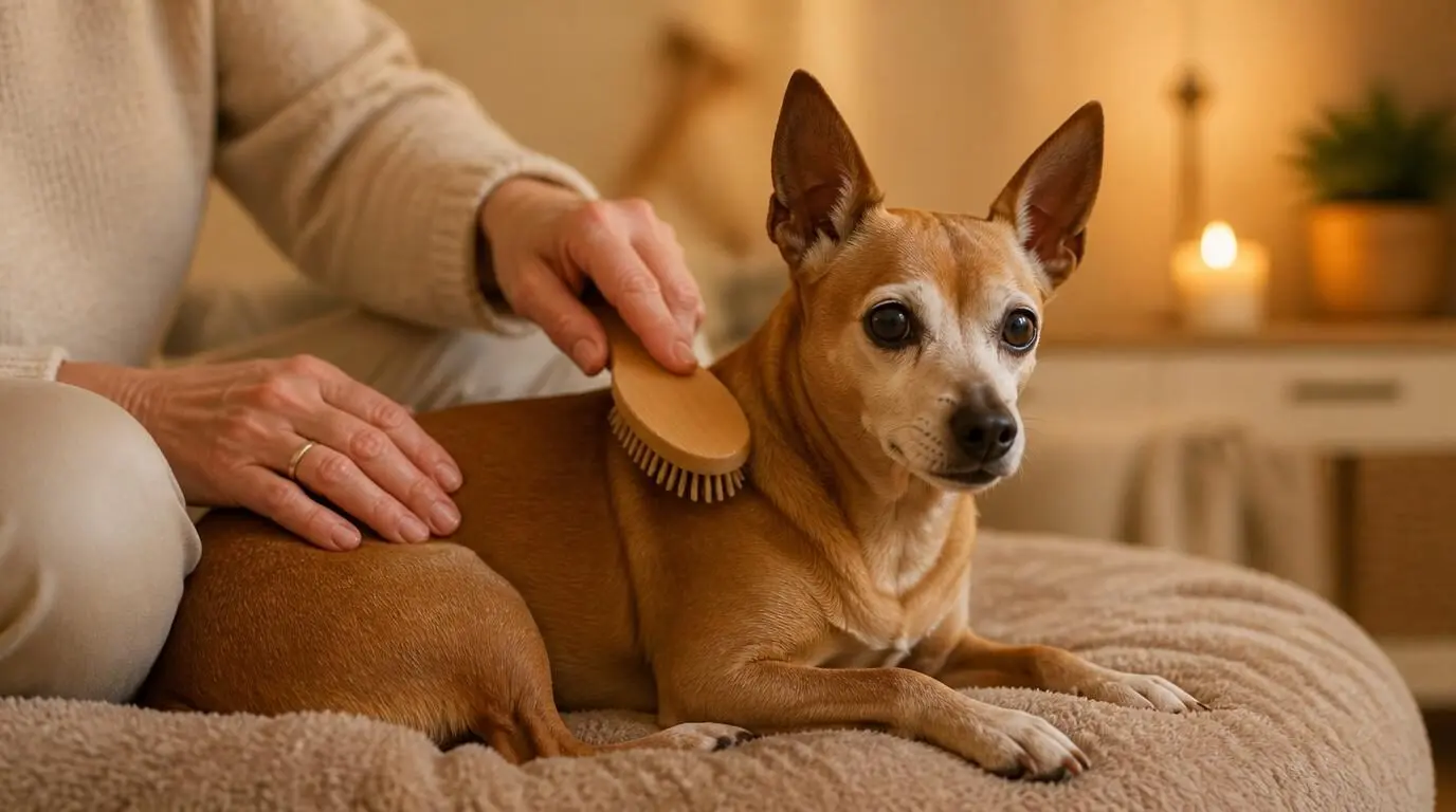 Senior hond die rustig wordt geborsteld met een zachte borstel op een beige plaid, verzorgingsmoment in warme premium stijl.