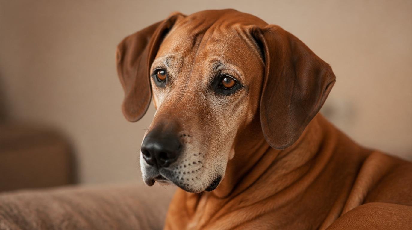 Senior Rhodesian Ridgeback met zachte blik in warme omgeving – symbool voor natuurlijke gewrichtsondersteuning