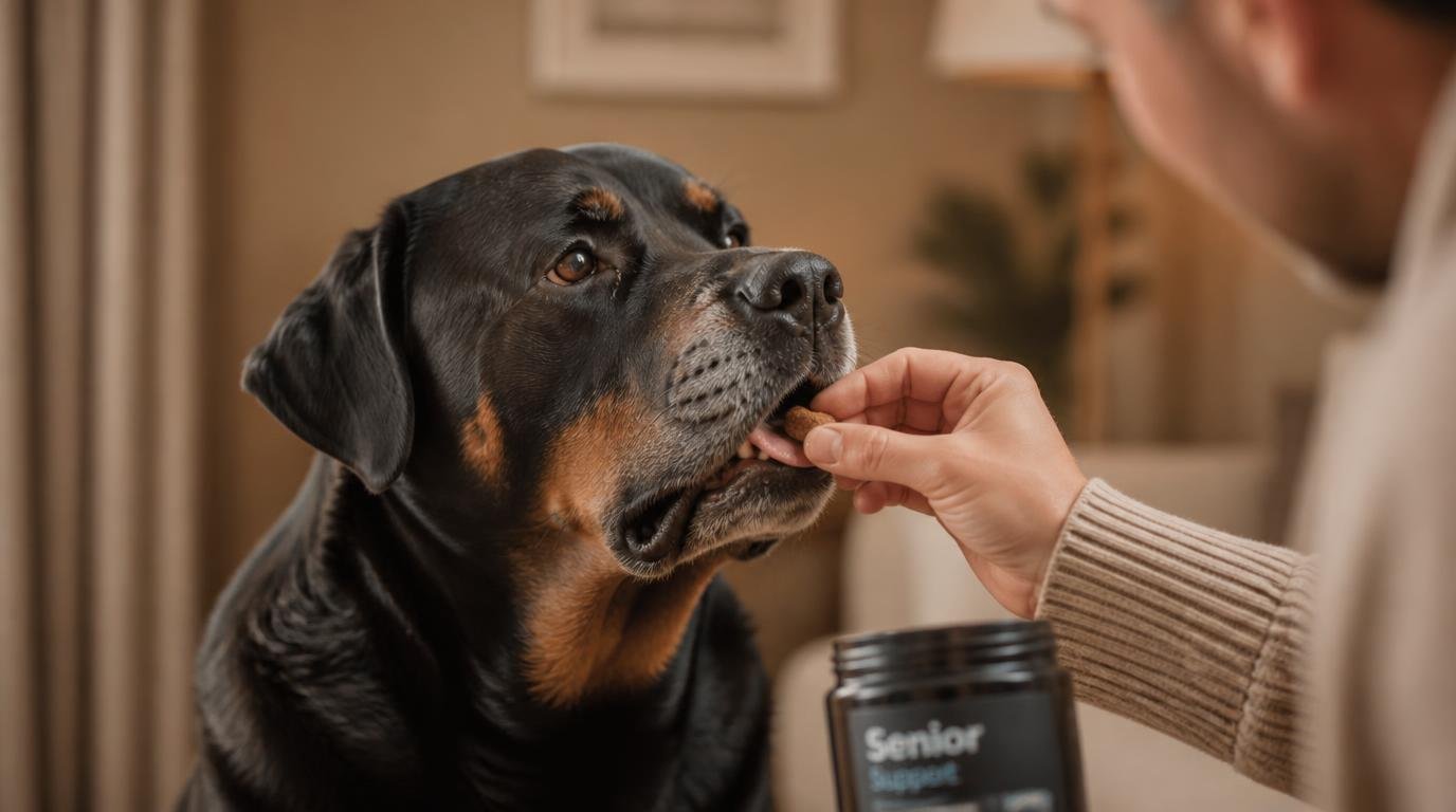 Senior Rottweiler krijgt een supplement van zijn baasje in een warm beige interieur – symbool voor zorg en natuurlijke ondersteuning