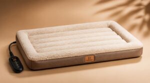 Verwarmde hondenmat met zachte fleece‑laag en digitale temperatuurregelaar op beige achtergrond