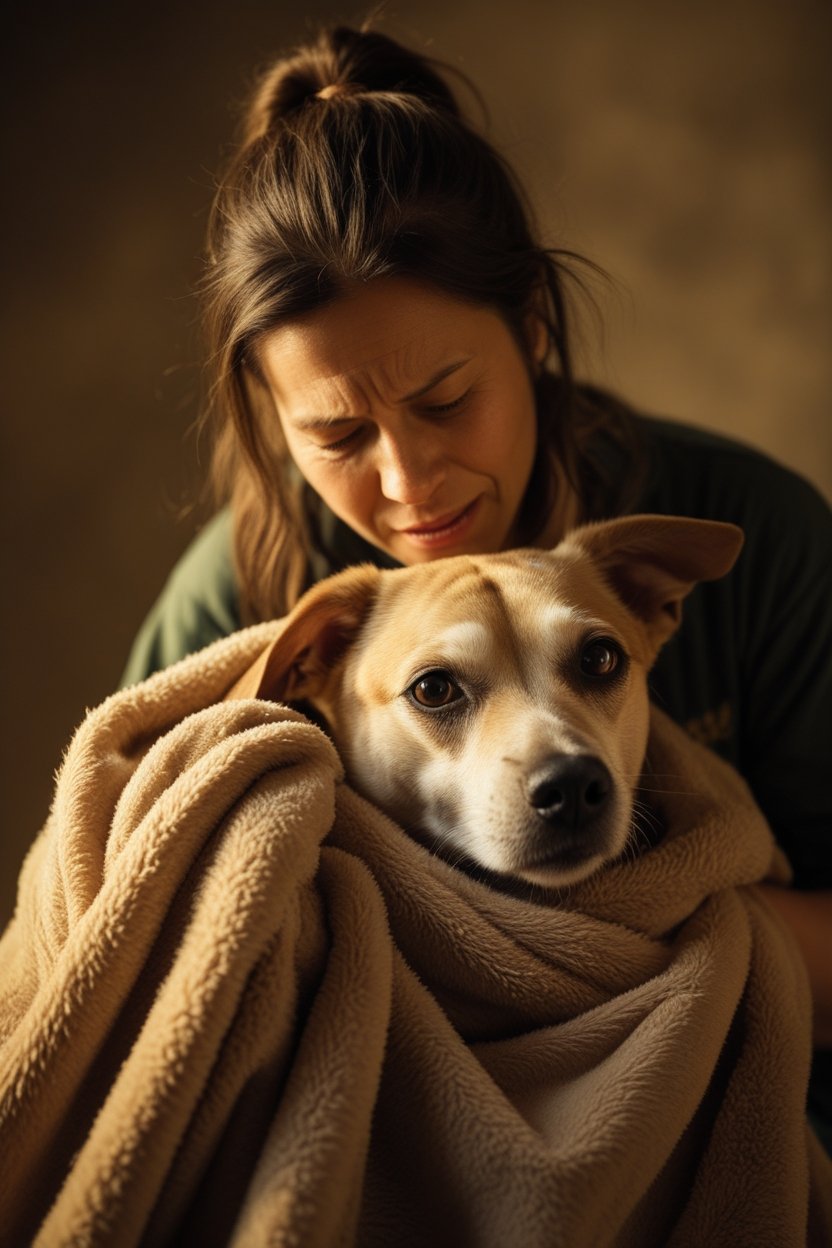 Vrouw houdt een senior hond liefdevol vast in een warme beige deken, symbool voor zorg en geborgenheid.