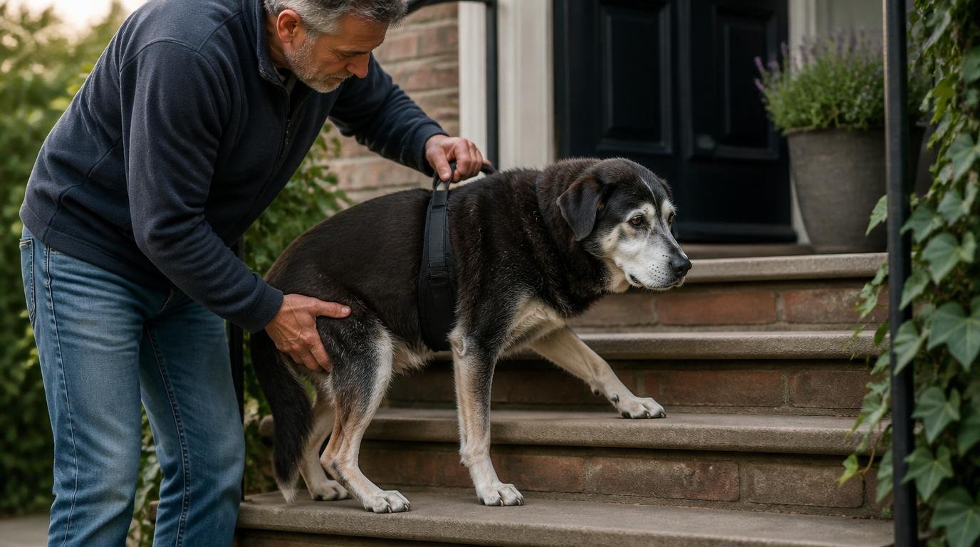 Baasje helpt zijn oudere hond met een ondersteuningsharnas voorzichtig de trap af bij de huisingang