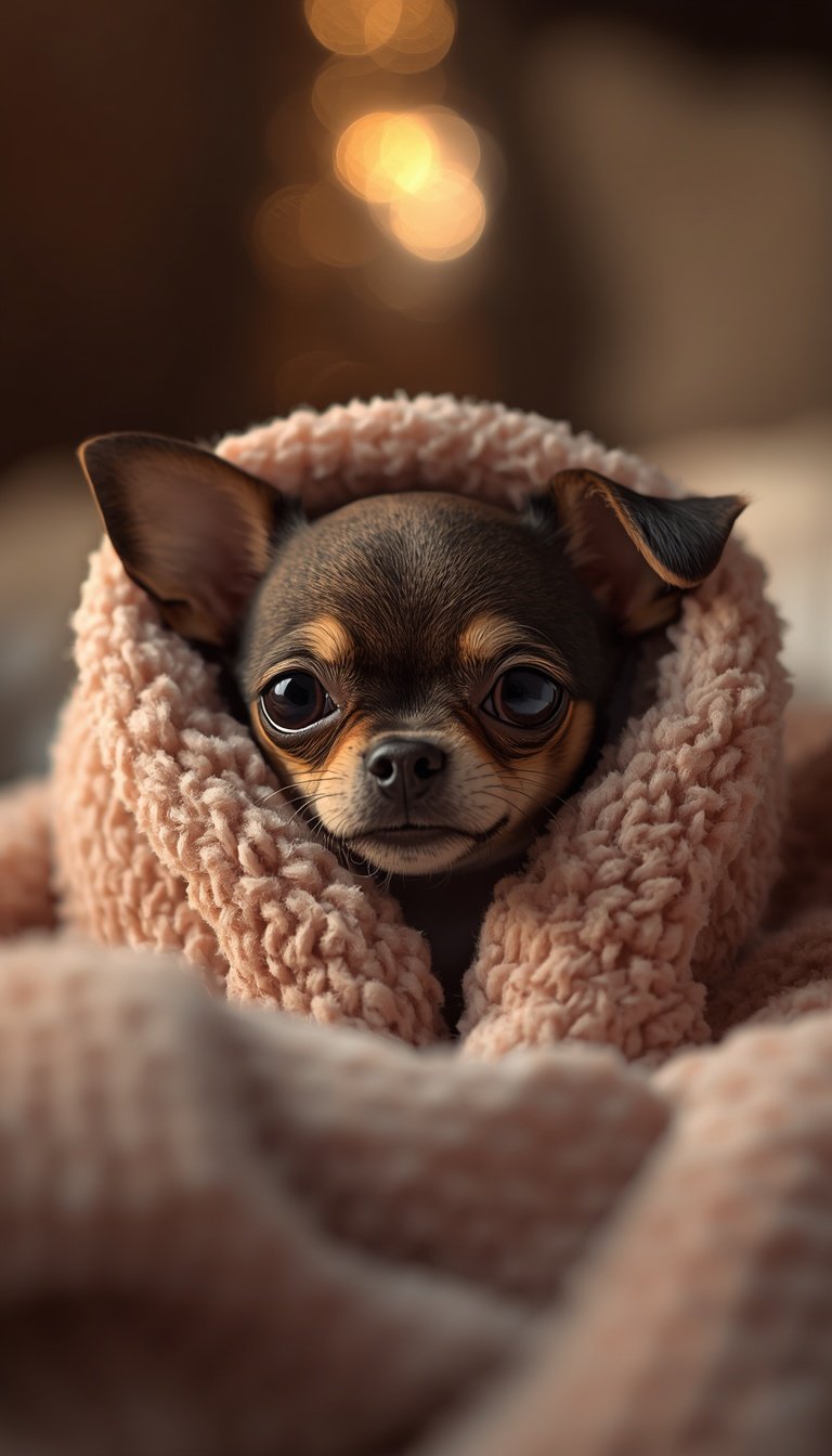 Kleine Chihuahua met grote ogen ligt warm gewikkeld in een beige fleece‑deken