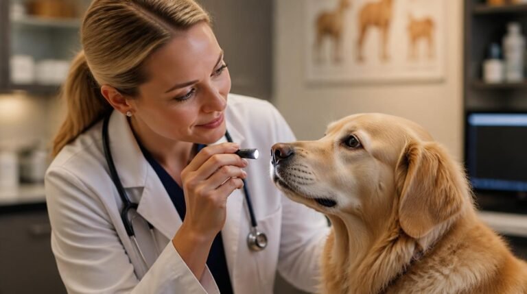 Dierenarts met witte jas en stethoscoop onderzoekt een golden retriever met een kleine zaklamp in warme belichting