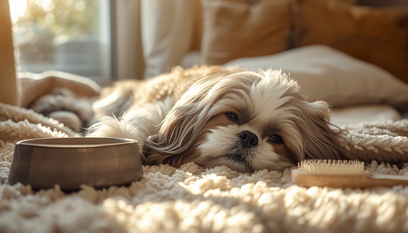 Kleine hond met lichtbruine en witte vacht ligt ontspannen op een zachte deken naast een voerbak en borstel in warm licht
