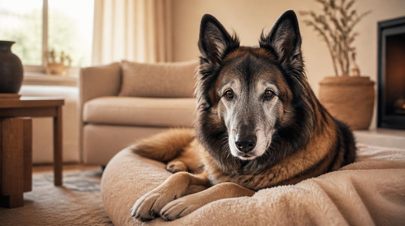 Oudere hond ligt ontspannen op een orthopedisch warm bruin kussen in een rustige woonkamer.