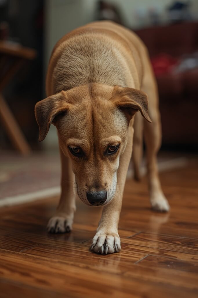 Middelgrote hond met lichtbruine vacht probeert langzaam op te staan van een houten vloer, met een rustige blik