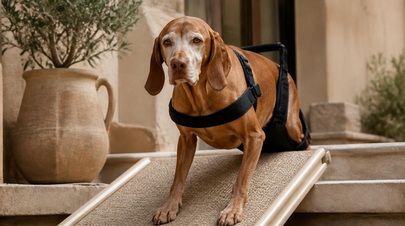 Senior hond gebruikt loopplank met harnas — voorbeeld van hulpmiddelen voor oudere honden.