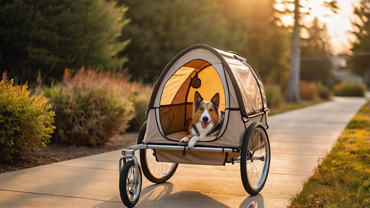 Oudere hond zit ontspannen in een moderne beige hondenbuggy met grote wielen, op een pad in de avondzon.
