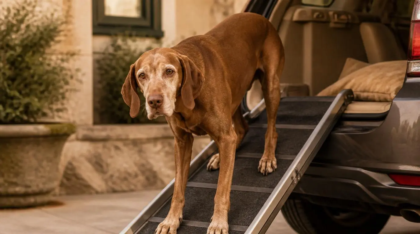 Oudere Vizsla loopt rustig over een zwarte loopplank naar de achterbak van een auto, met zachte blik en stabiele houding.