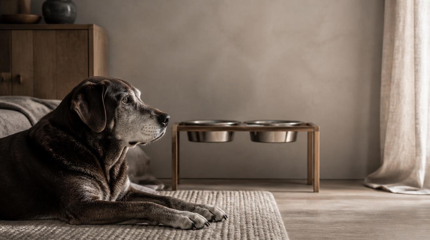 Oudere hond met grijze snuit ligt rustig op een kleed naast een houten verhoogde voerbak met twee roestvrijstalen kommen, in een taupe interieur met zachte belichting.