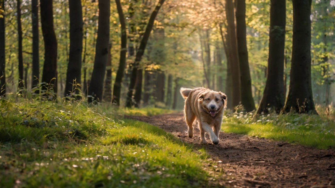 Oudere hond wandelt ontspannen over een bospad in de ochtendzon, omringd door bomen en zacht licht.