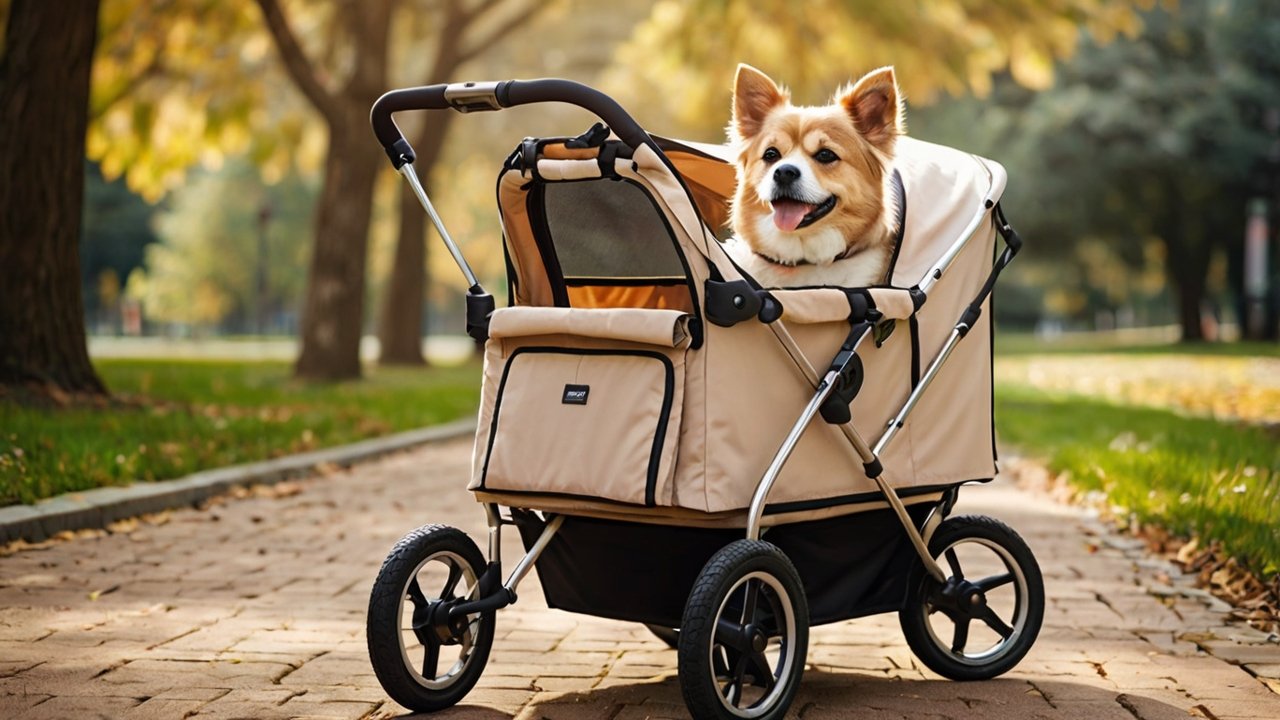 Senior hond zit ontspannen in een beige hondenbuggy op een parkpad met herfstbladeren