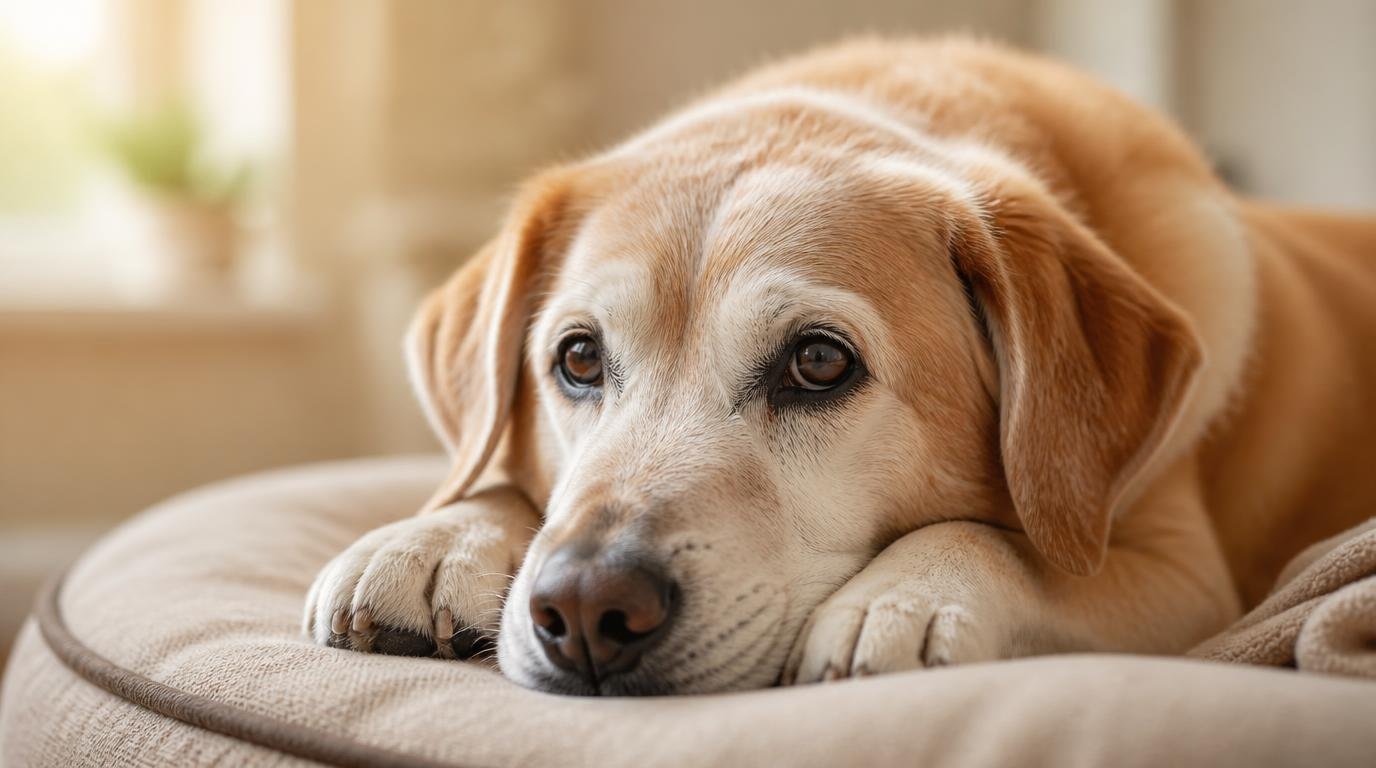 Oudere hond met lichtbruine vacht ligt met zijn kop op de poten op een beige kussen in zacht warm licht