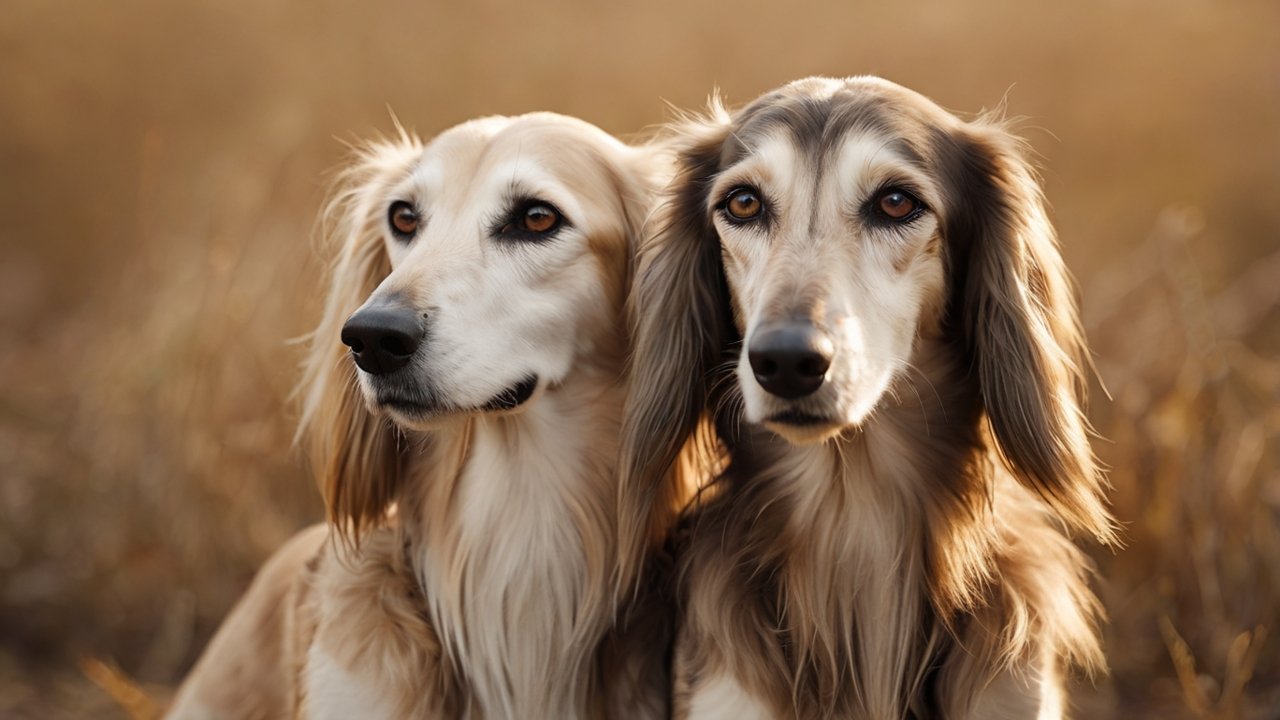 Twee langharige honden zitten dicht bij elkaar in een warme natuurlijke omgeving, met zachte beige en gouden tinten die hun verbondenheid en rust uitstralen.