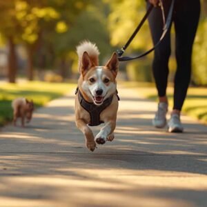 Senior hond wandelt met baasje in het park, symbool voor beweging en vitaliteit.