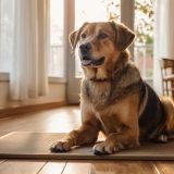 Antislipmat voor senior honden Senior hond zit rustig op een beige antislipmat in een warme woonkamer met houten vloer, symbool voor veiligheid en comfort.