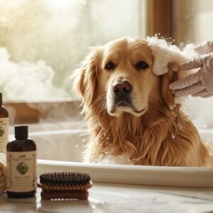 Senior hond wordt rustig gewassen in bad met natuurlijke verzorgingsproducten.