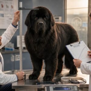 Dierenarts onderzoekt grote senior hond – gezondheidszorg en controle Dierenarts meet en onderzoekt een grote zwarte hond op een weegschaal in een moderne dierenkliniek