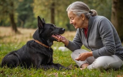 Senior vrouw aait haar zwarte hond liefdevol zittend in het gras