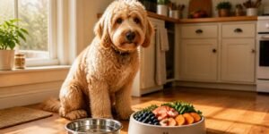 Fluffy hond in keuken – gezonde voeding en verzorging voor senior honden Fluffy hond zit in zonovergoten keuken naast een kleurrijke voerbak met verse ingrediënten – symbool voor gezonde voeding en verzorging
