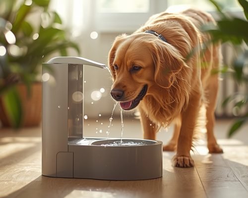 Golden retriever drinkt water uit moderne automatische drinkfontein binnenshuis