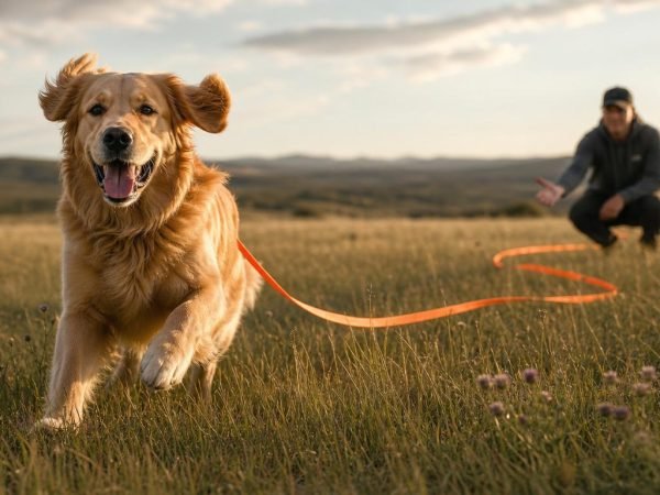Senior golden retriever rent door een zonovergoten weide — symbool voor vitaliteit en veilige beweging bij oudere honden.